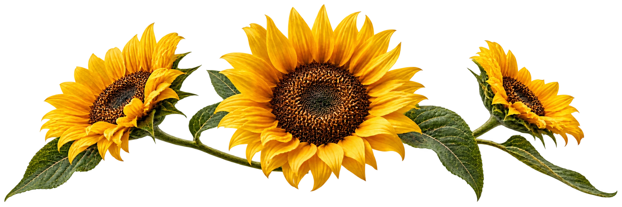 Golden sunflowers with sculptural olive-green stems and leaves